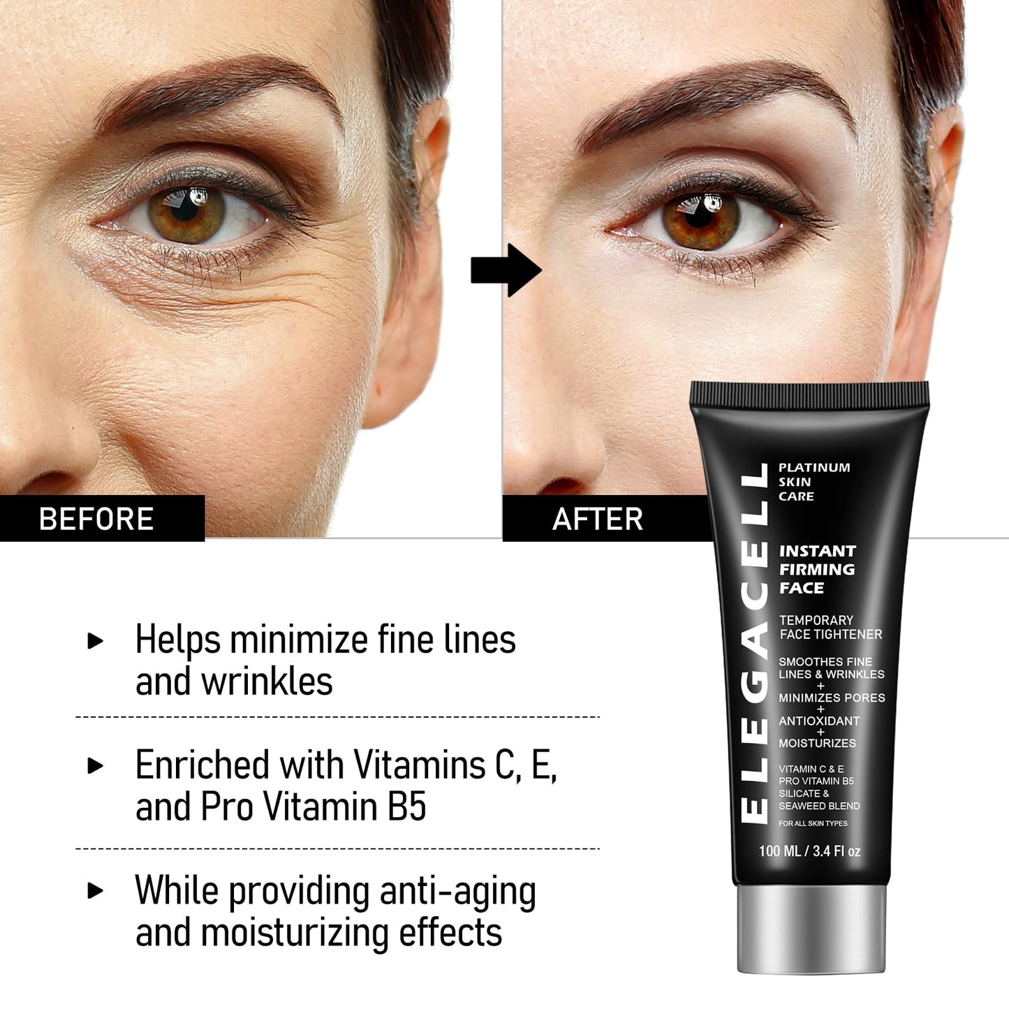 Elegacell Face Tightener Instant Face Lift Cream Temporary Frim Skin Tightening and Lifting Cream-Smooth the Look of Fine Lines - Daily Moisturizer for Women and Men - 100ml, 3.4 fl.oz