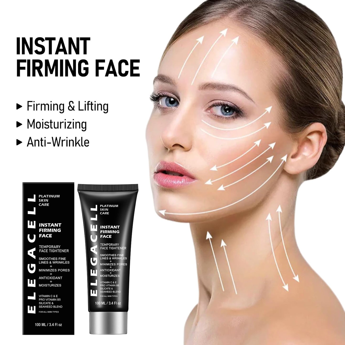 Elegacell Face Tightener Instant Face Lift Cream Temporary Frim Skin Tightening and Lifting Cream-Smooth the Look of Fine Lines - Daily Moisturizer for Women and Men - 100ml, 3.4 fl.oz